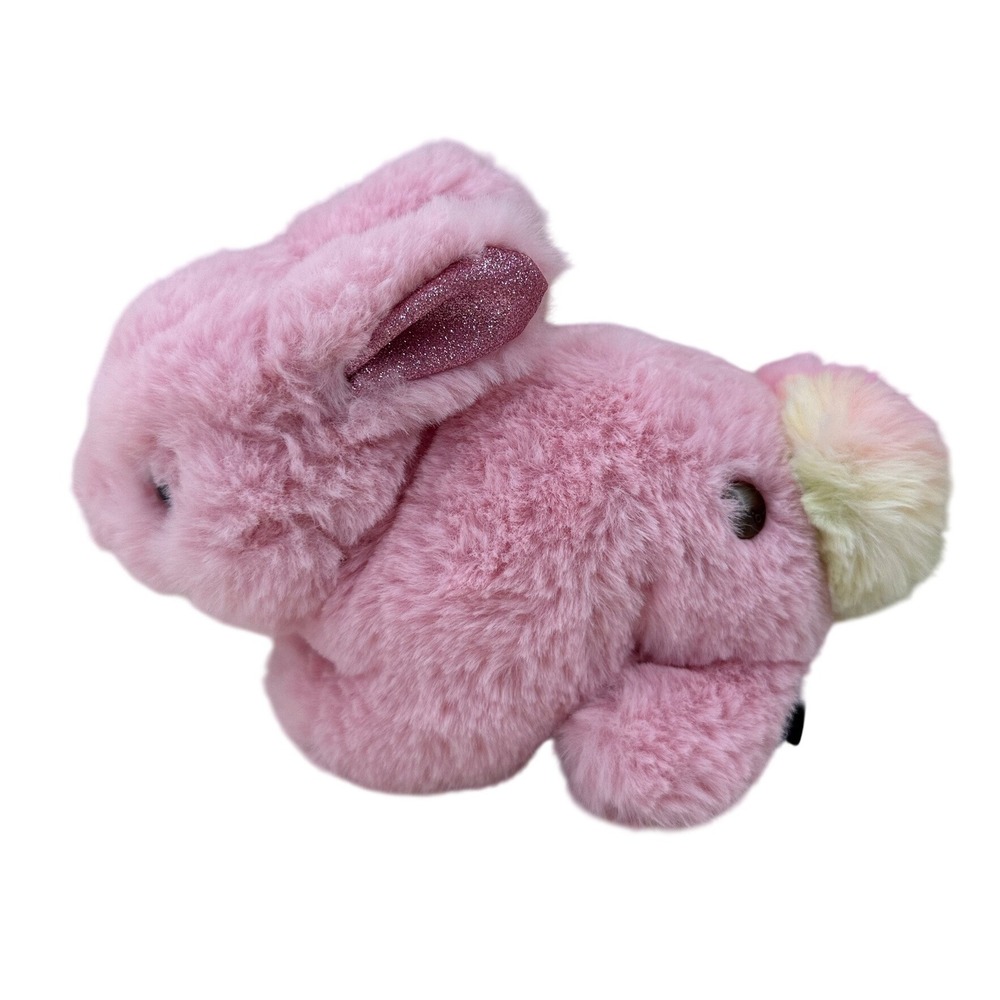 FAO Schwarz Pink Plush Bunny Rabbit Rainbow Pom Pom Tail Glitter Ears Easter